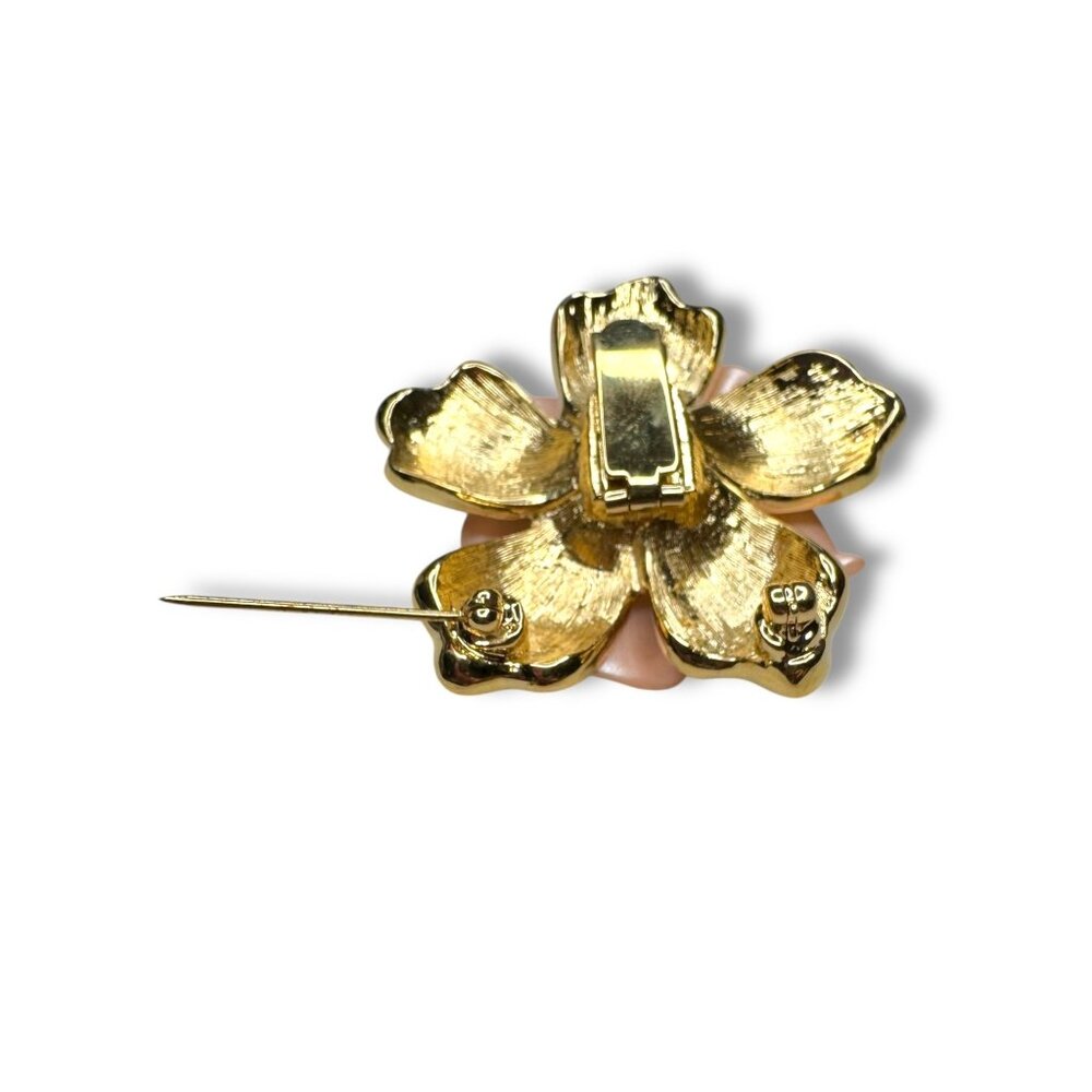 Nolan Miller Peach Gardenia Layered Enamel Lucite Flower Brooch Necklace Enhance - Picture 4 of 11